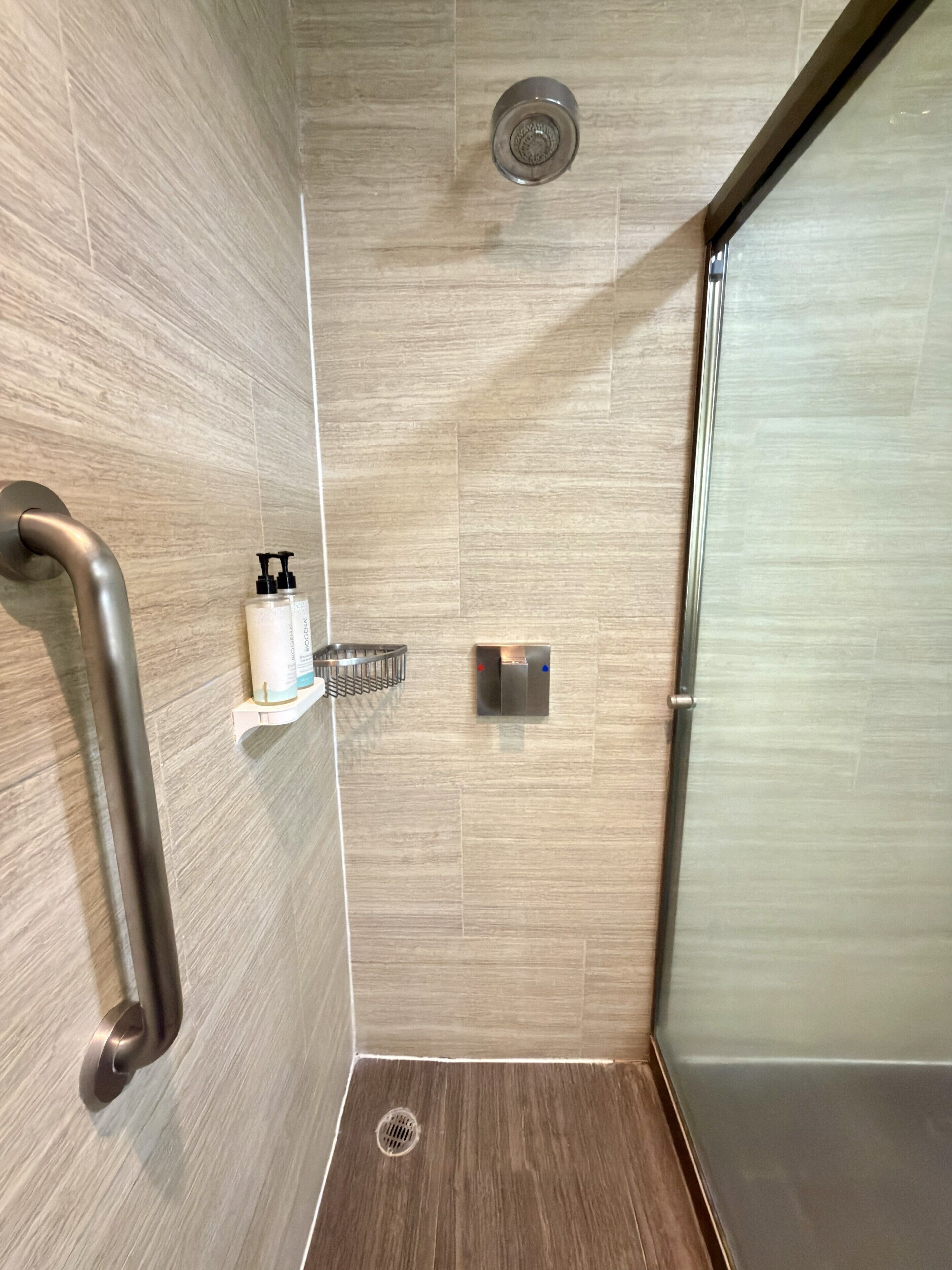 A modern shower with a glass door, a handrail, and a shelf with toiletries.