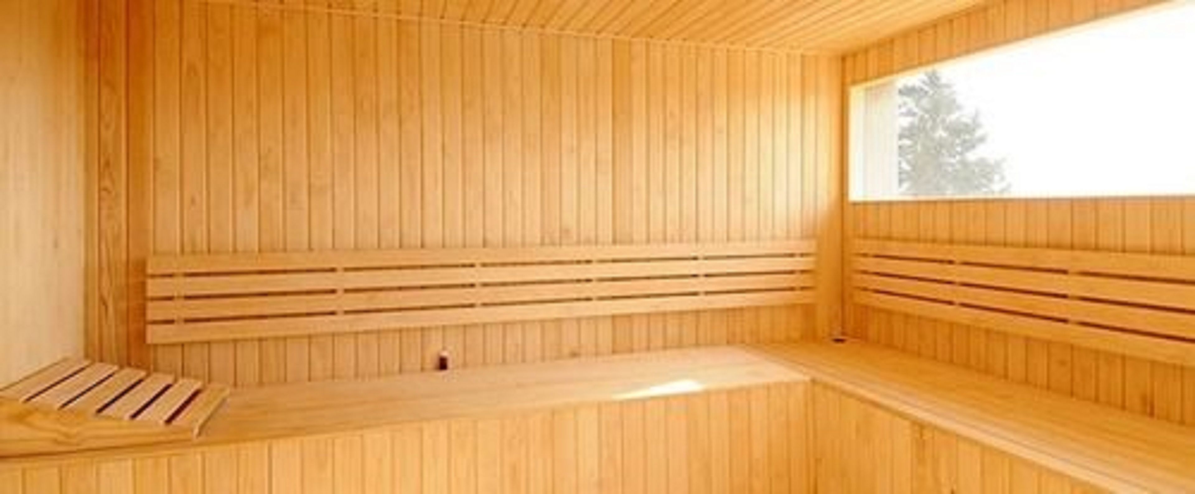 En sauna med træbænke og et vindue.