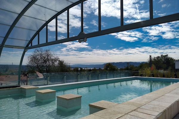 Indoor pool, outdoor pool, pool loungers