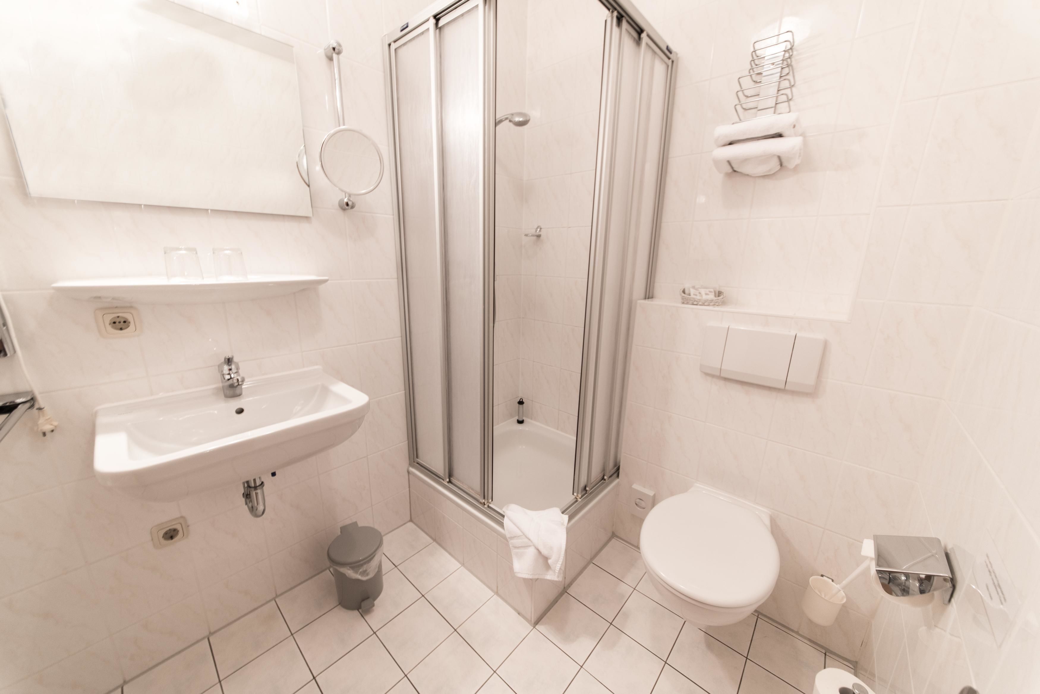 A modern bathroom with a glass-enclosed shower, a sink, and a toilet.