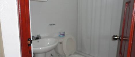 A bathroom with a toilet, sink, and a shower curtain.
