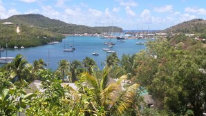 A coastal marina with multiple boats docked, surrounded by lush greenery and hills. - The Ocean Inn (English Harbour)