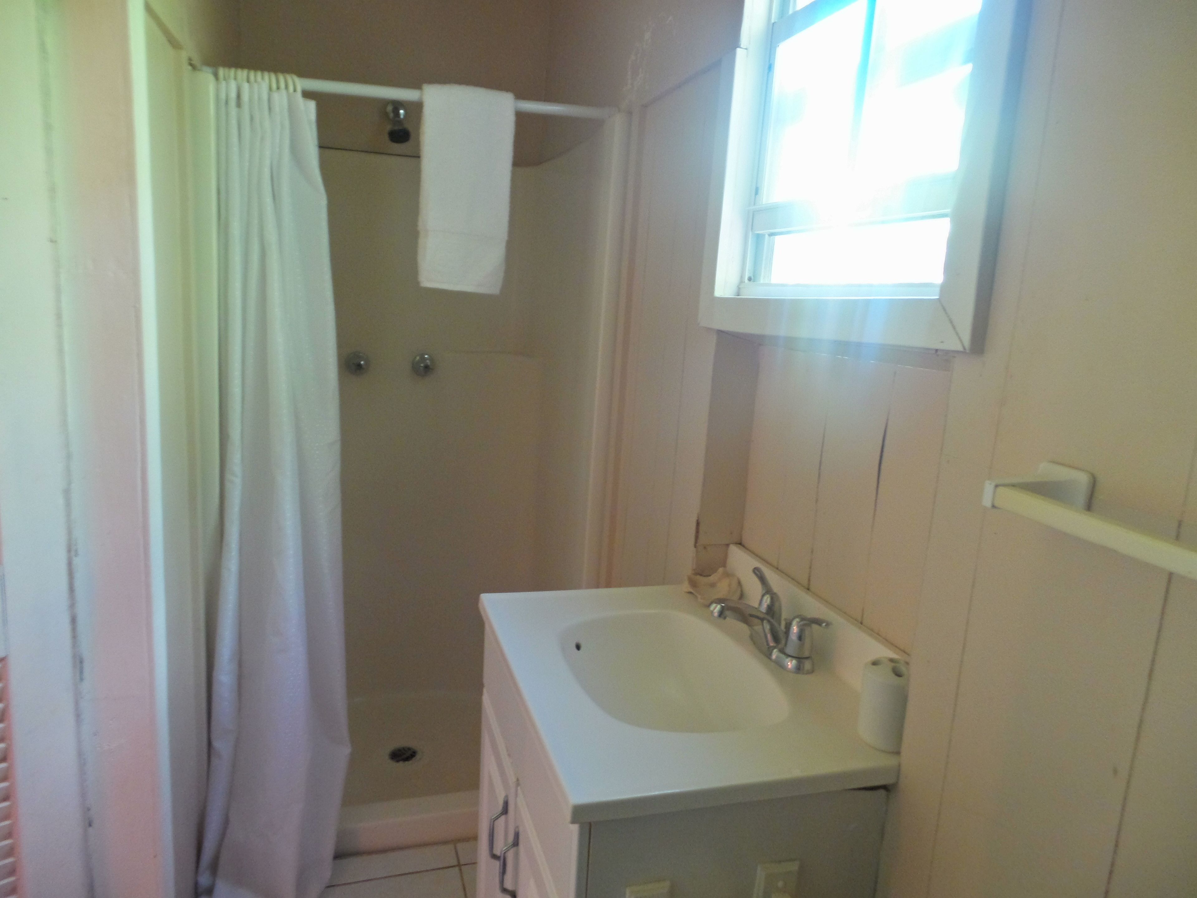 A bathroom with a shower, a sink, and a window.