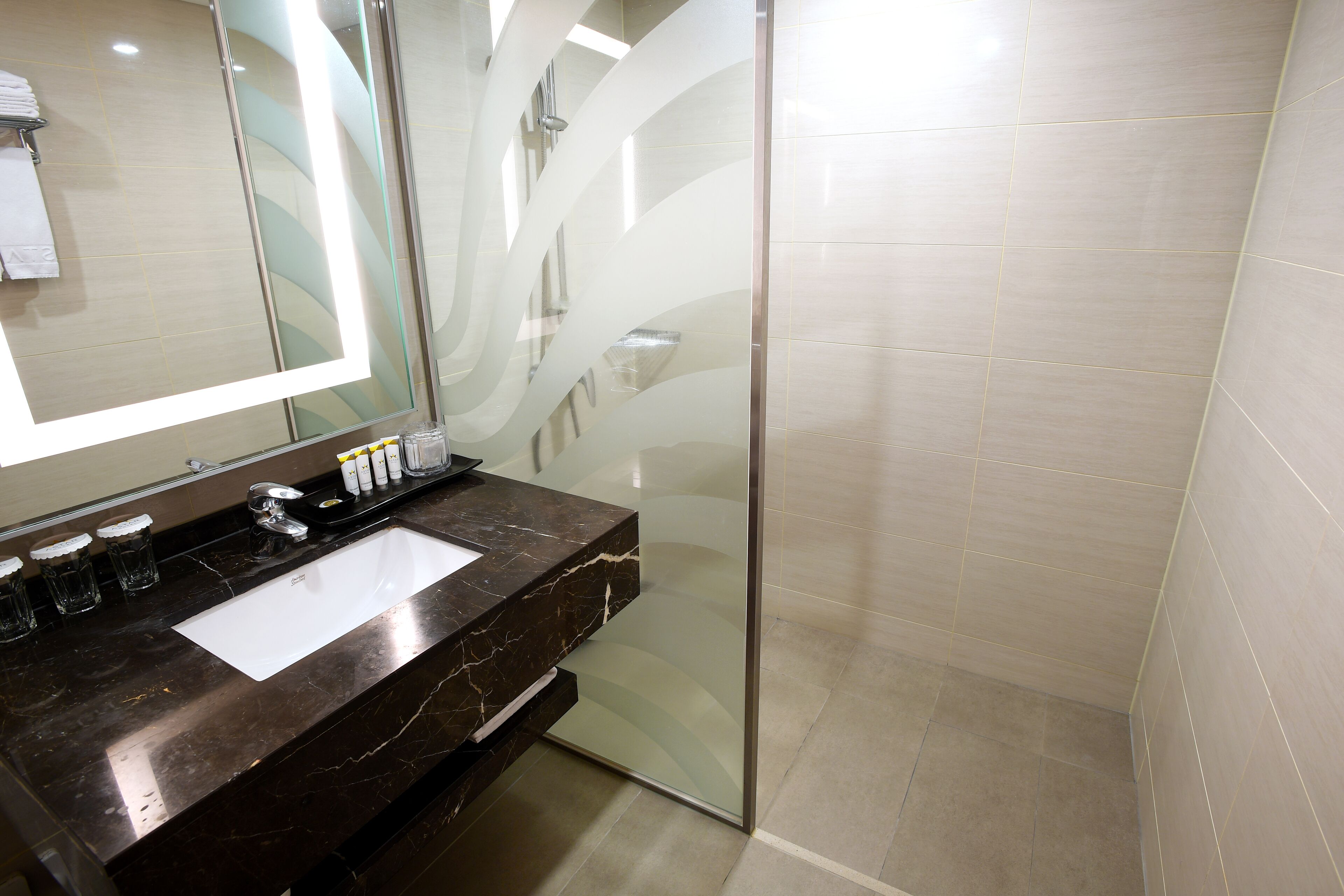 shower, hair dryer, bathrobes, slippers