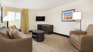 Habitación de hotel con sofá marrón, un sillón pequeño, televisor de pantalla plana, escritorio con cajones, lámpara y un cuadro en la pared.