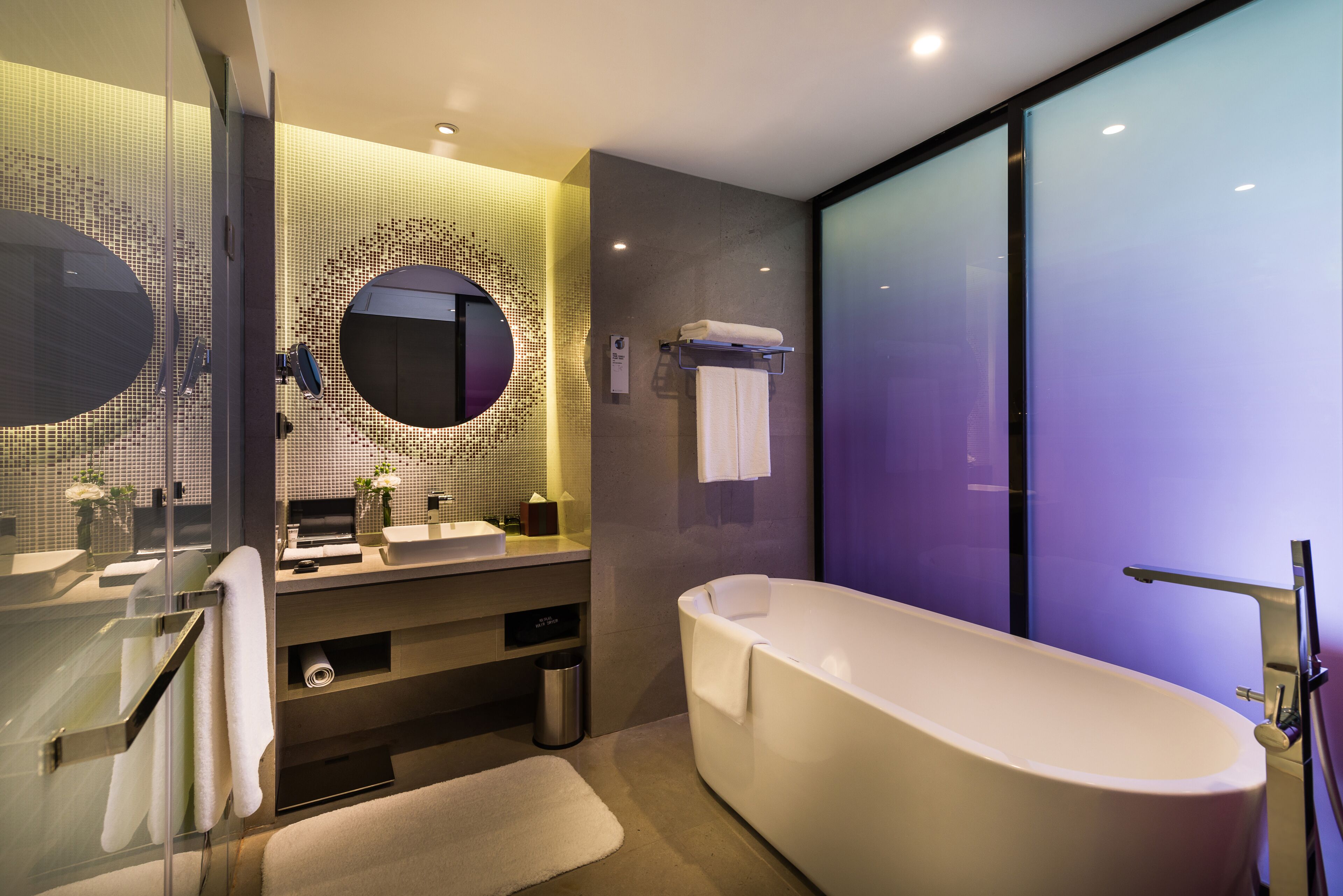 Separate bathtub and shower, rainfall showerhead