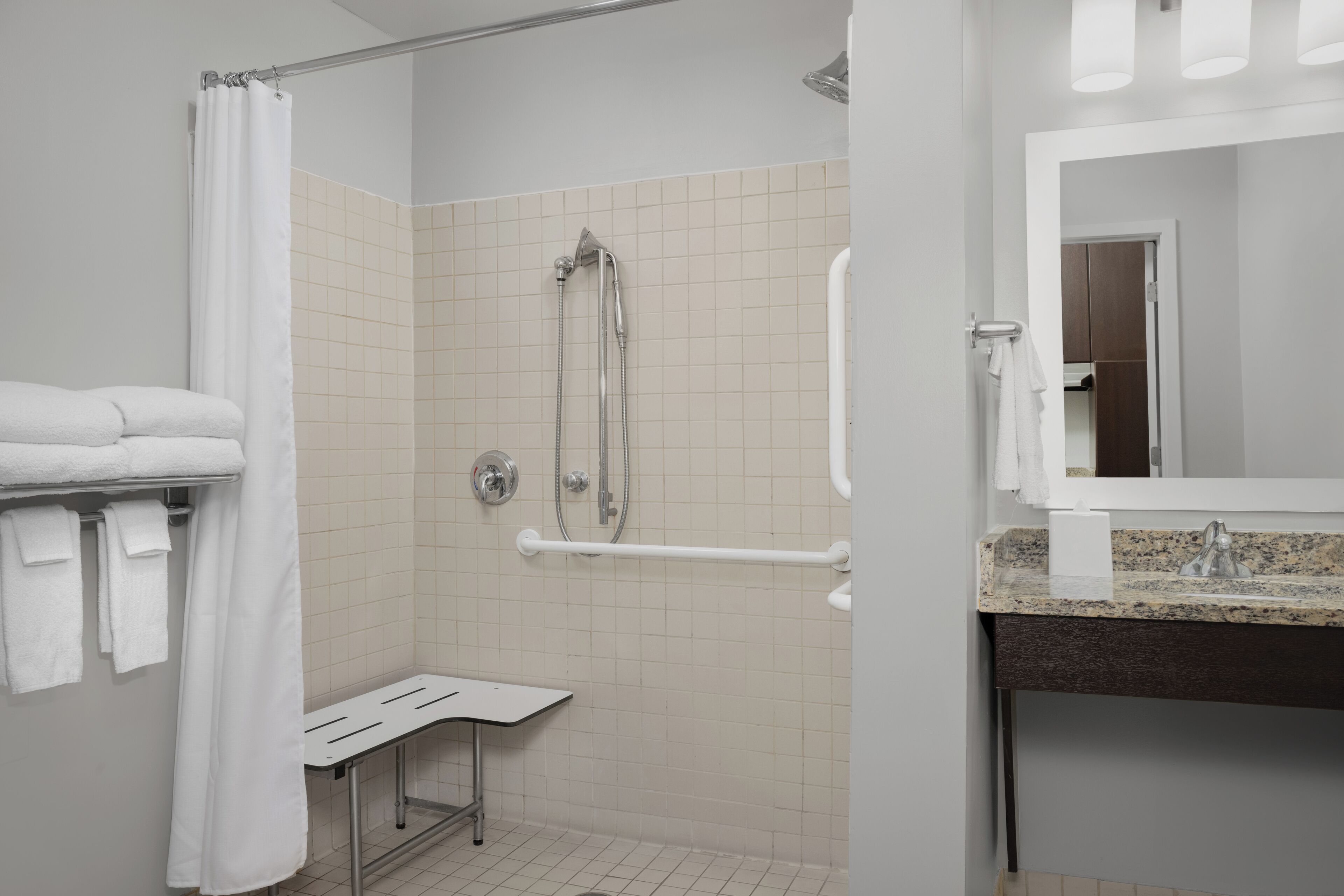 studio, 1 queen bed with sofa bed, non smoking (mobility/hearing access, roll-in shwr) | bathroom | free toiletries, hair dryer, towels, soap