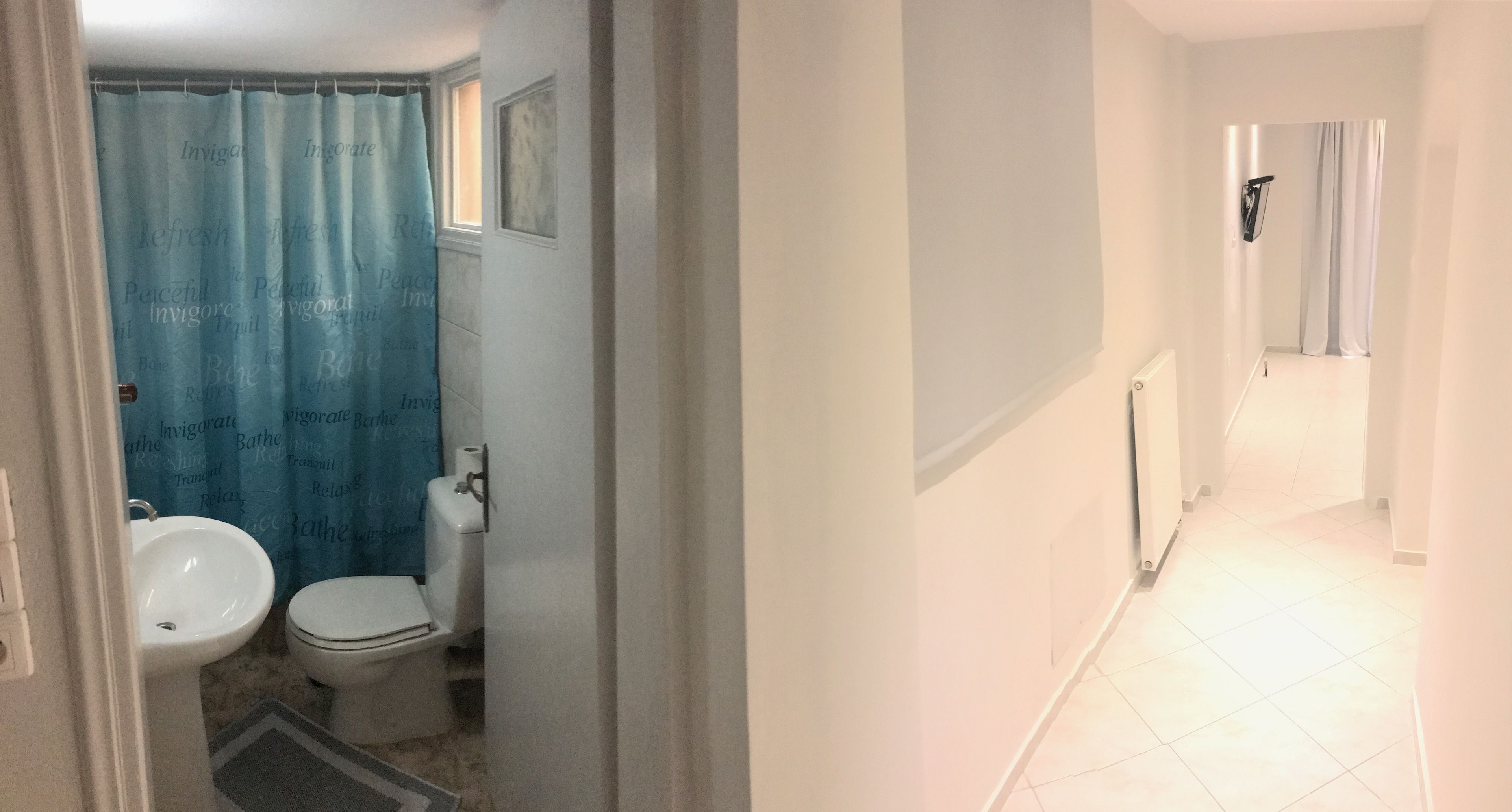 A bathroom with a sink, toilet, and shower curtain.