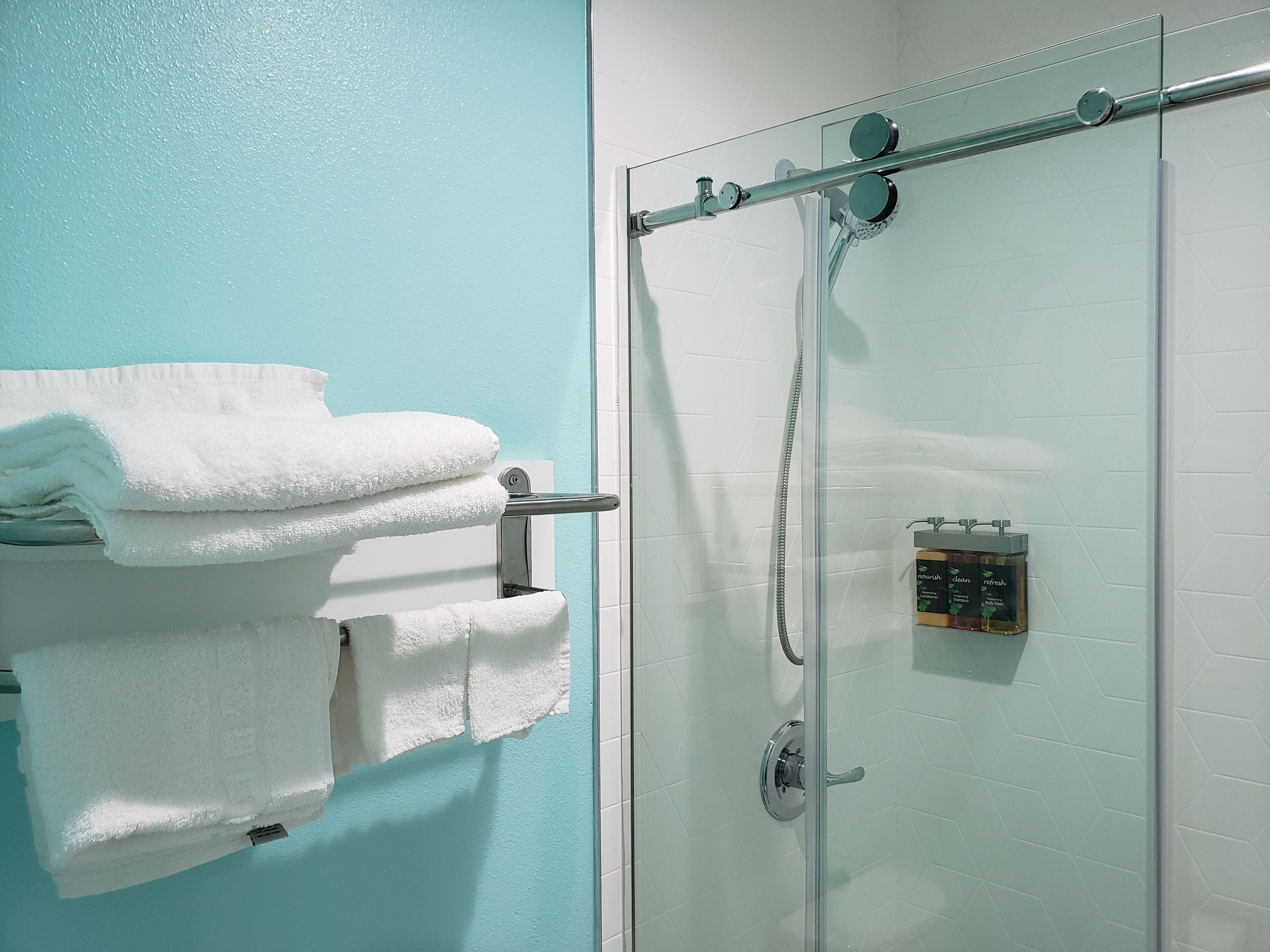 A glass-enclosed shower with a handheld showerhead and a wall-mounted control panel.