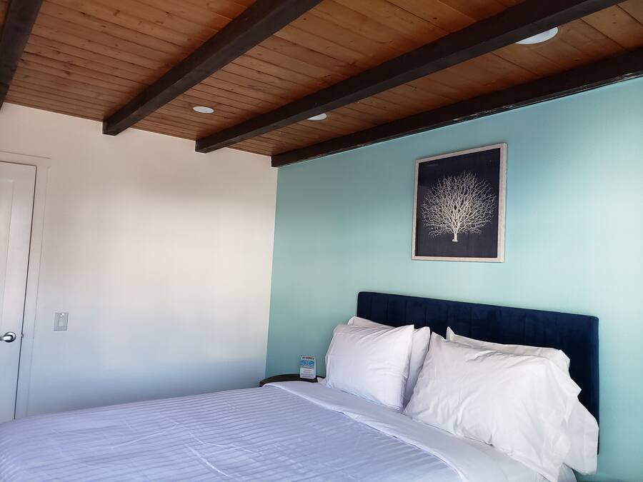 A bedroom with a bed, a headboard, a wall-mounted artwork, and a door.