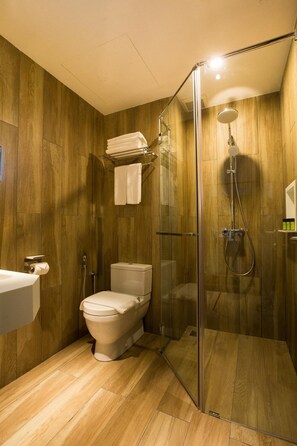 Shower, rainfall showerhead, hair dryer, slippers