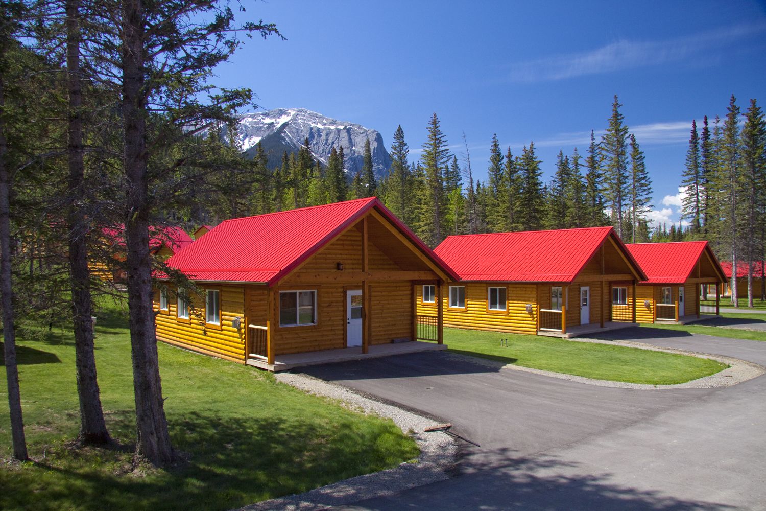 A row of log cabins with red roofs, set in a forested area with a mountain in the background.
