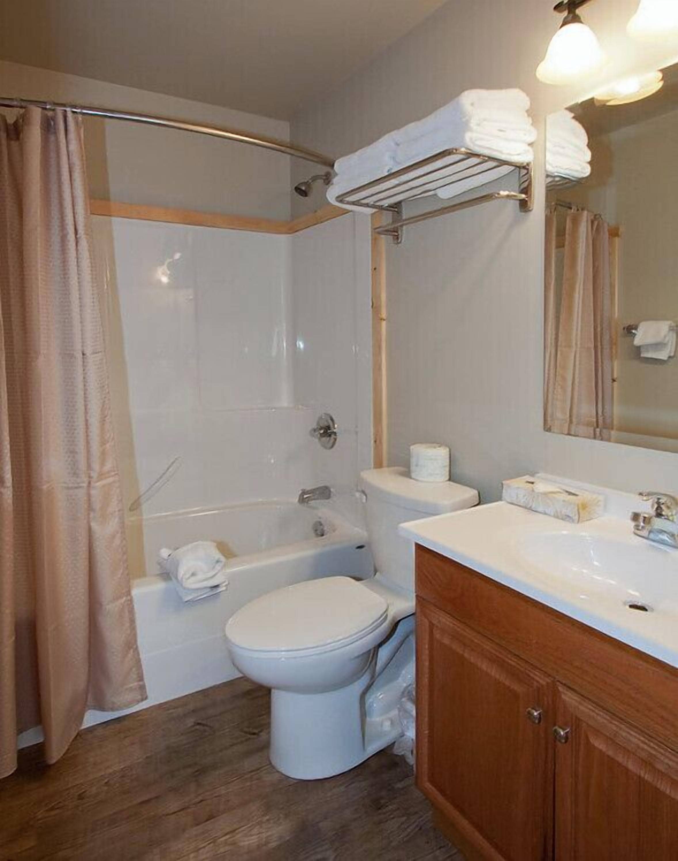 A bathroom with a shower, toilet, and sink.