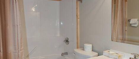 A bathroom with a shower, toilet, and sink.