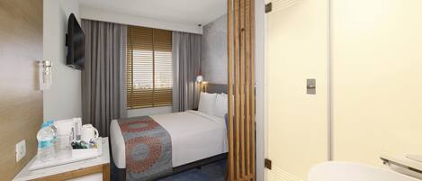 A hotel room with a bed, a desk with a coffee maker, a TV, and a bathroom with a sink and toilet.