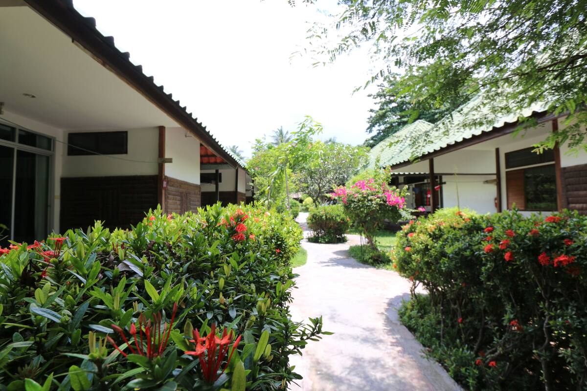 A pathway flanked by lush greenery and red flowers leading to a building with a tiled roof.