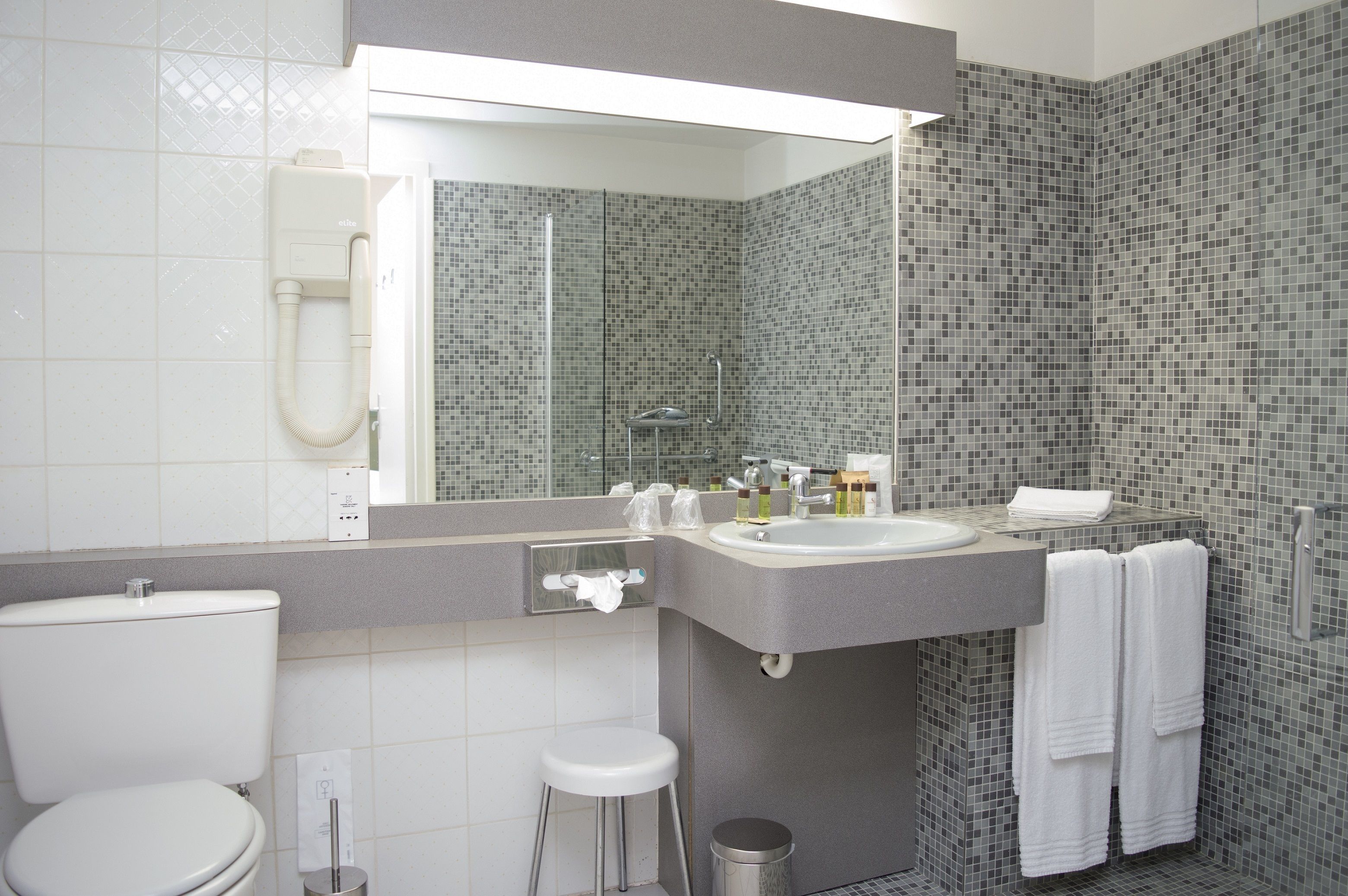 combined shower/bathtub, free toiletries, hair dryer, towels