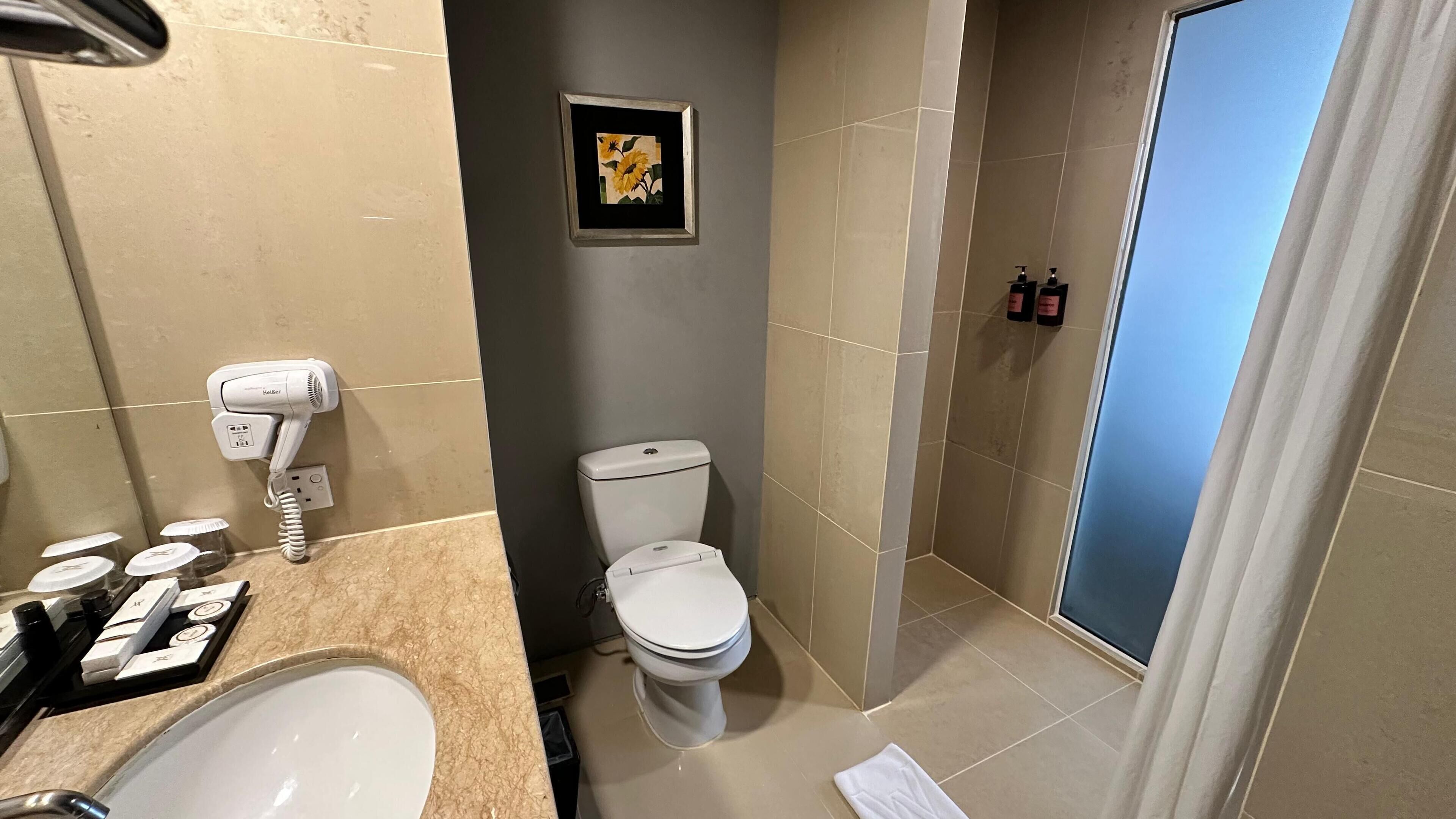 Un baño con inodoro, secador de pelo y lavamanos.