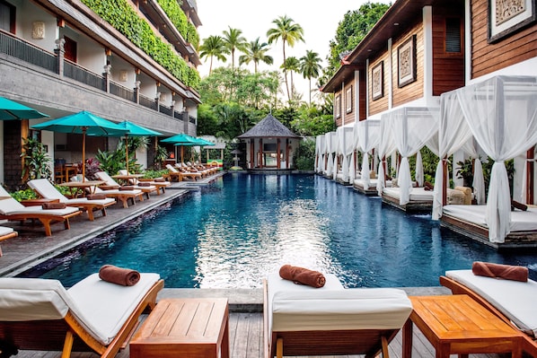 Outdoor pool, pool umbrellas, pool loungers