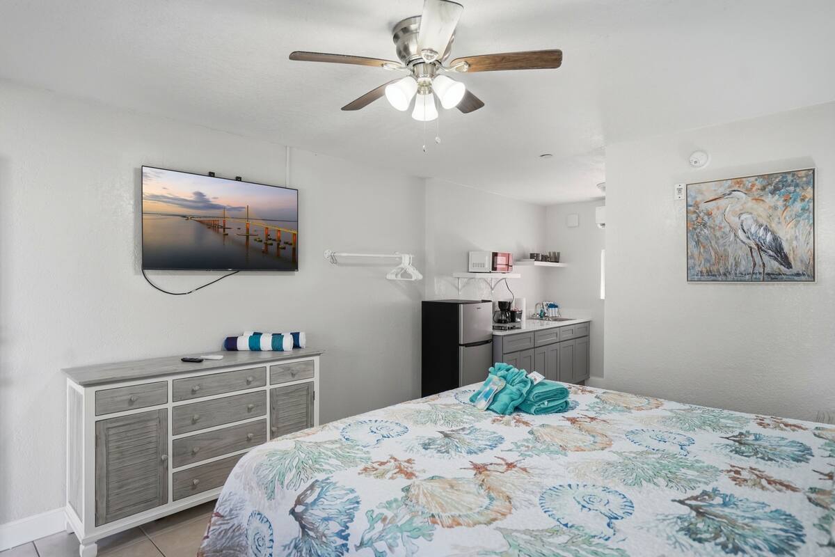 A bedroom with a bed, a ceiling fan, a TV, a dresser, a refrigerator, and a painting on the wall.