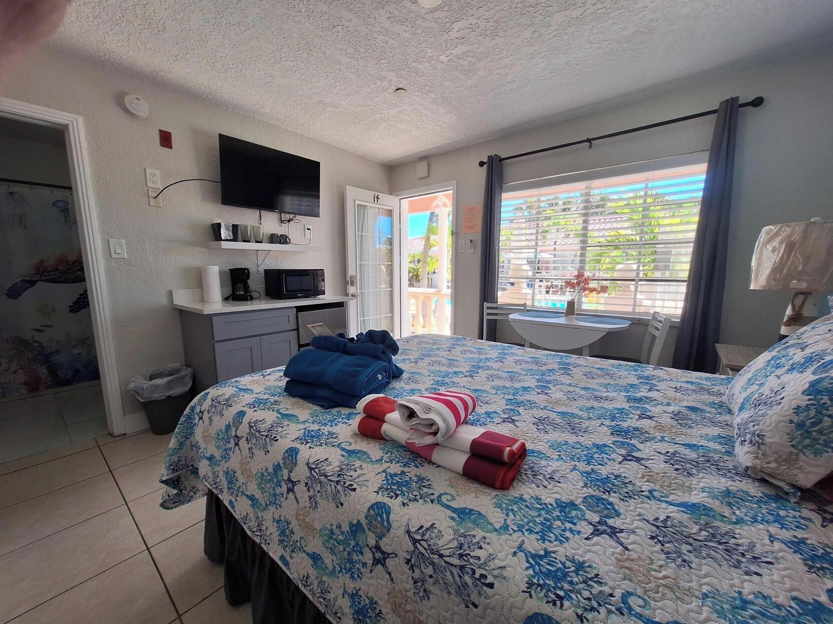 Habitación de hotel con cama, televisor, escritorio con microondas, una mesita y ventana con vistas a zonas verdes.