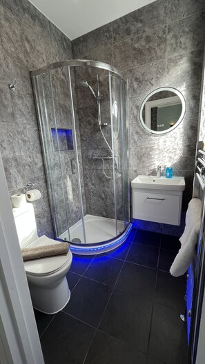 A modern bathroom with a glass-enclosed shower, a white sink, and a mirror. - Charlotte Guest House (London)