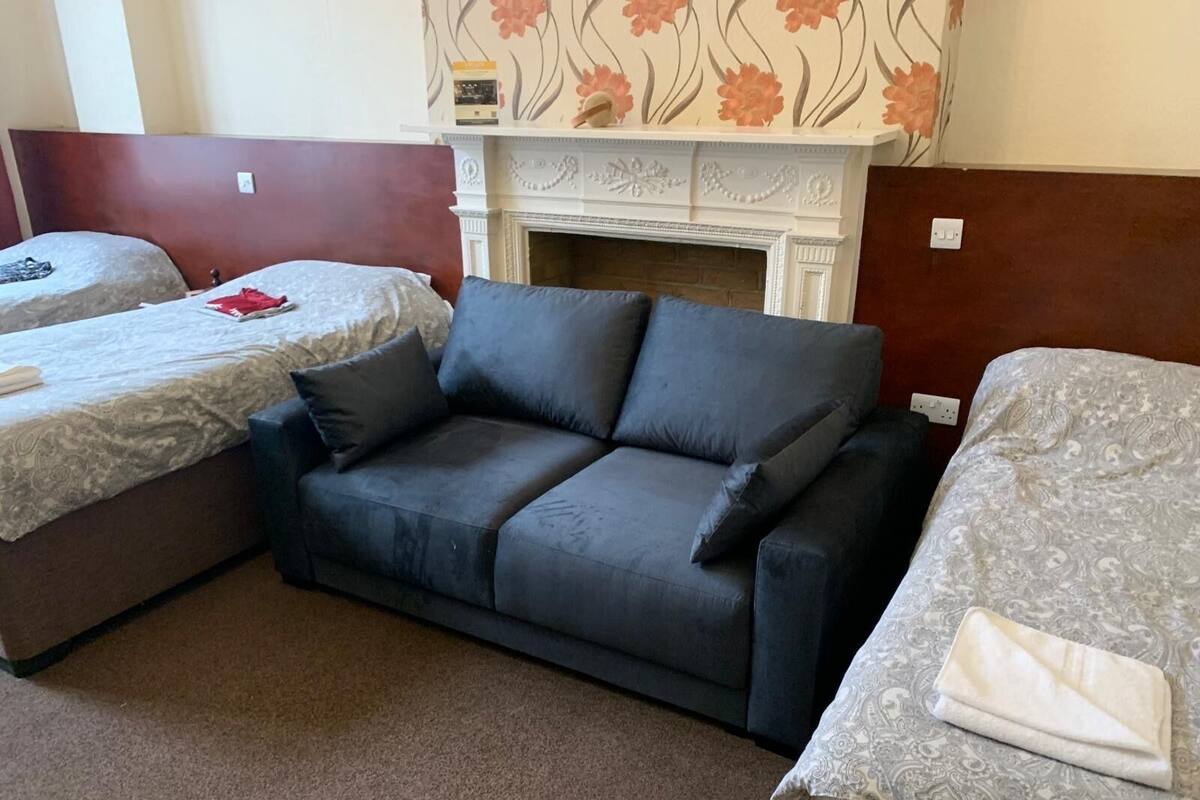 A hotel room with a sofa bed, a separate bed, and a fireplace.