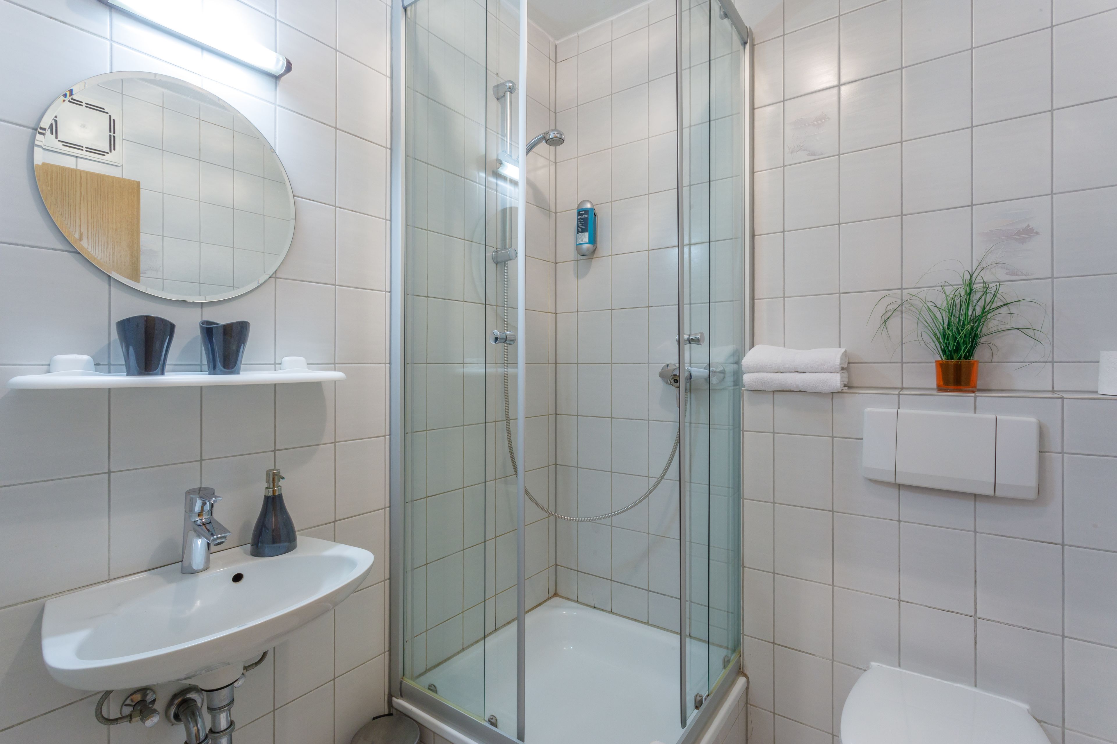 A modern bathroom with a glass-enclosed shower, a round mirror, a white sink, and a potted plant.
