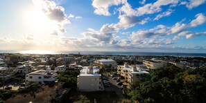 Un pueblo costero con una combinación de edificios residenciales y comerciales, cielo despejado y el océano al fondo.