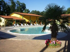 Outdoor pool, pool umbrellas, sun loungers