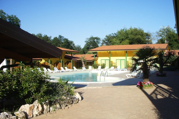Outdoor pool, pool umbrellas, pool loungers