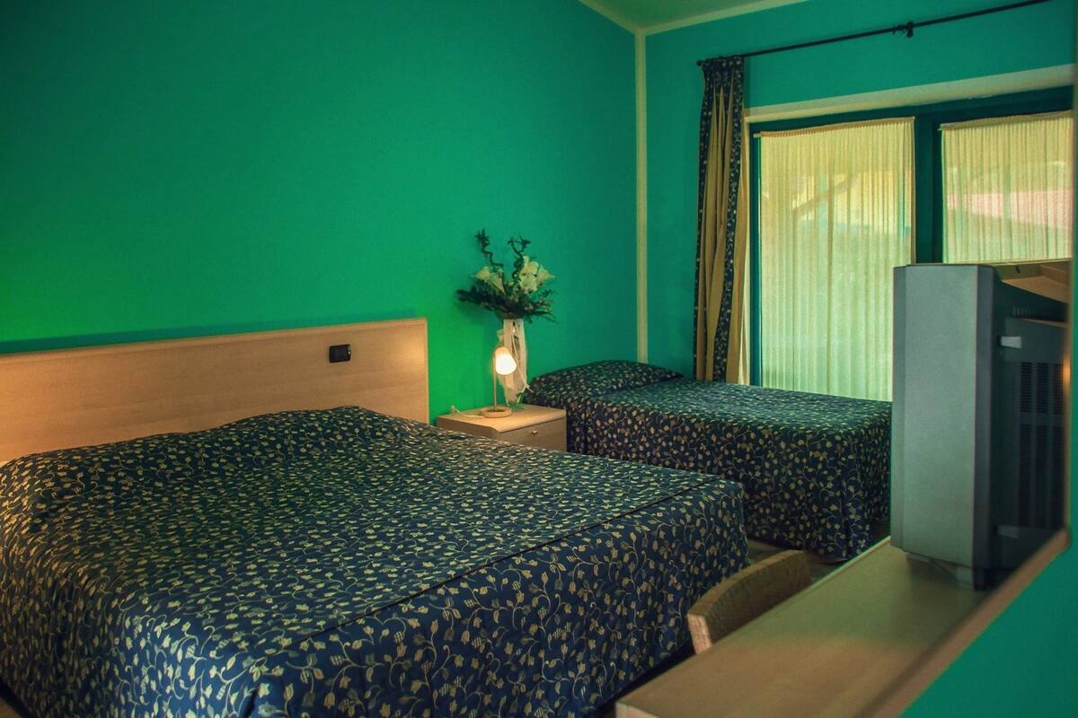 A room with two beds, a desk, a lamp, a television, and a window with curtains.