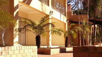 Un immeuble doté de nombreux balcons, de plantes en pot et d’un chemin bordé de briques.