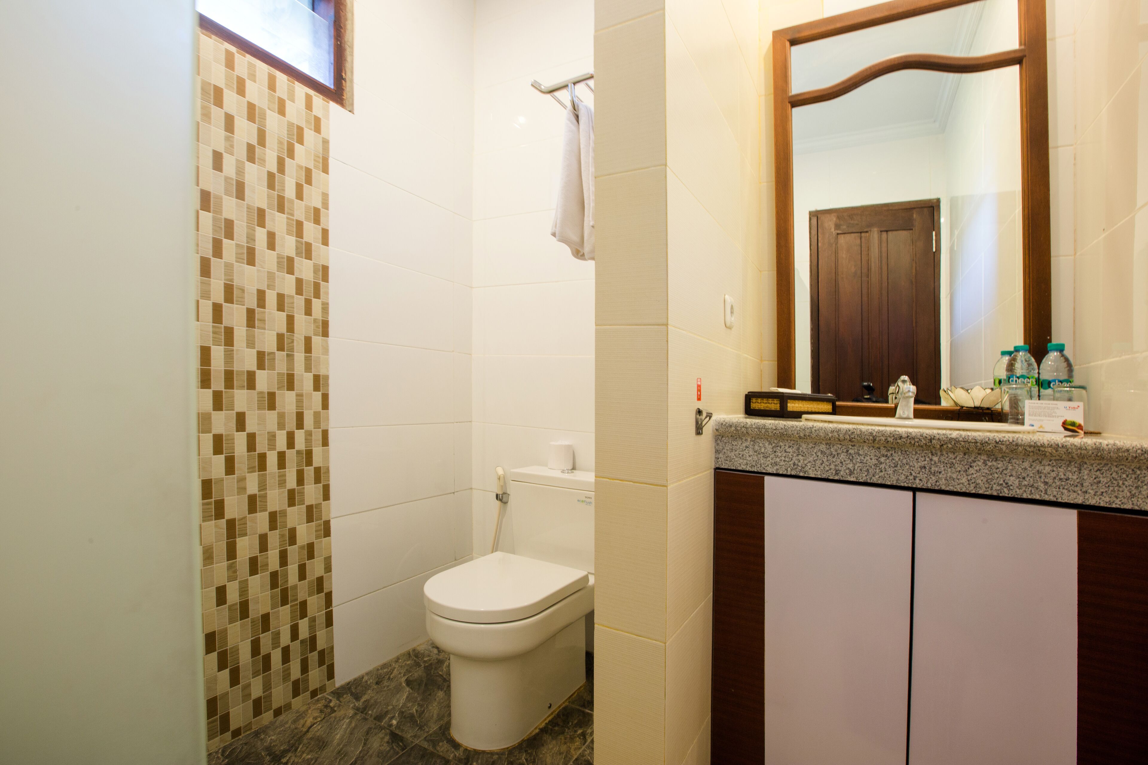 A bathroom with a tiled shower wall, a toilet, a vanity with a mirror, and a countertop with toiletries.