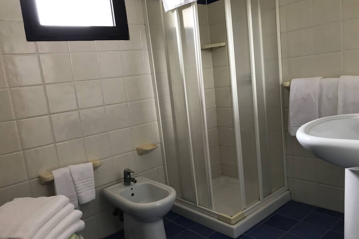 Une salle de bain avec douche, bidet et lavabo.