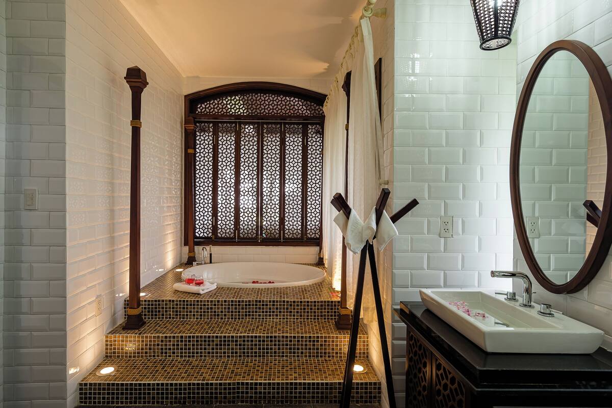 beachfront villa | bathroom | shower, rainfall showerhead, designer toiletries, hair dryer