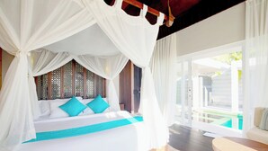 A bedroom with a canopy bed, a view of the outdoors, and a balcony. - Mercury Phu Quoc Resort & Villas - Free Airport Transfer (Phu Quoc)