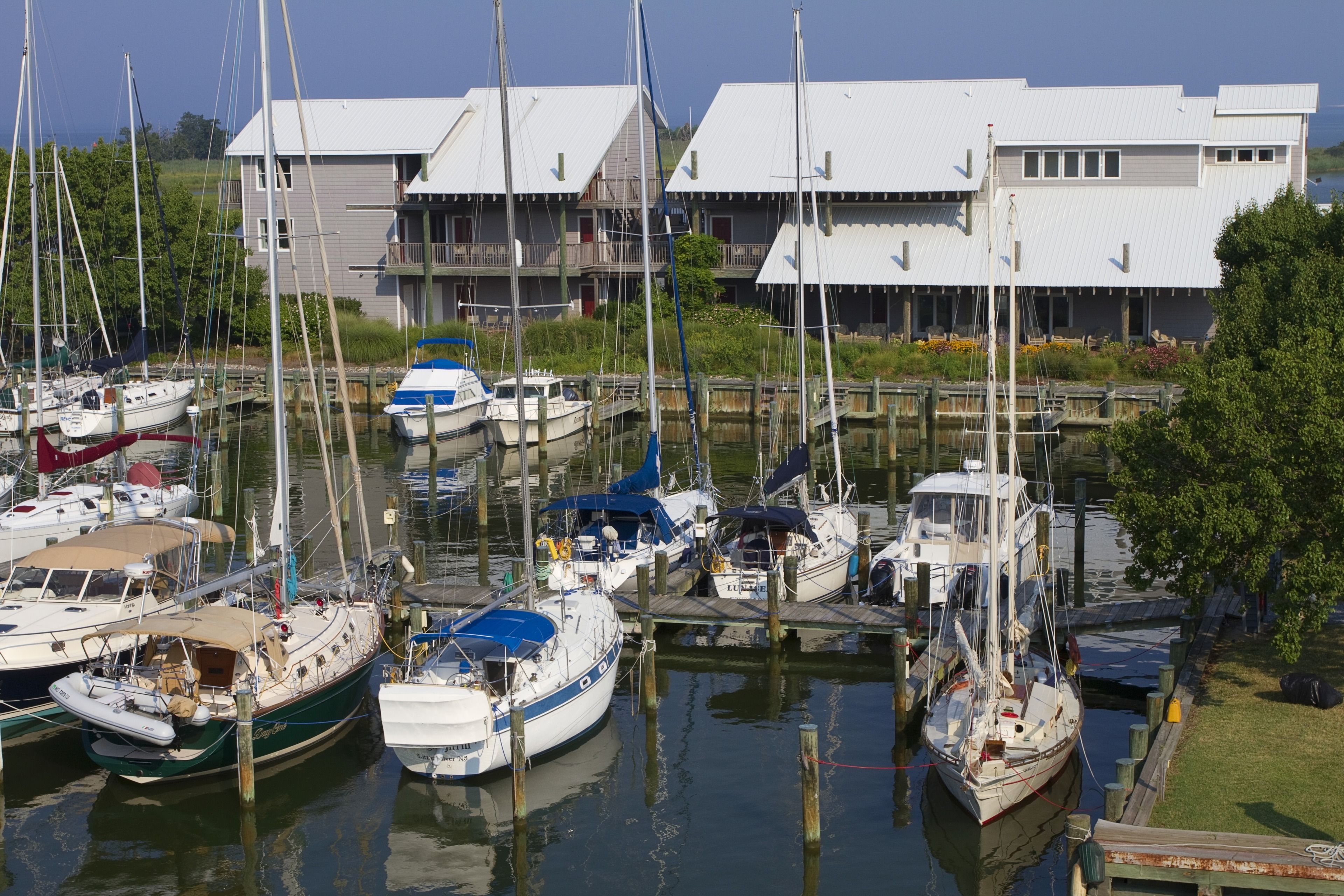 A marina with multiple boats docked, wooden walkways, and a building with a white roof in the background.