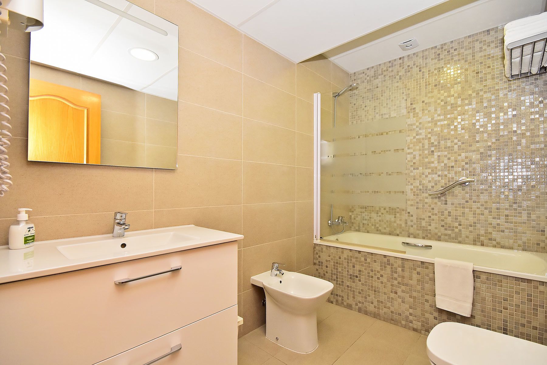 A bathroom with a sink, bidet, and shower.