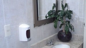 Un baño con lavamanos de mármol, un espejo, dispensador de jabón y una planta en maceta.