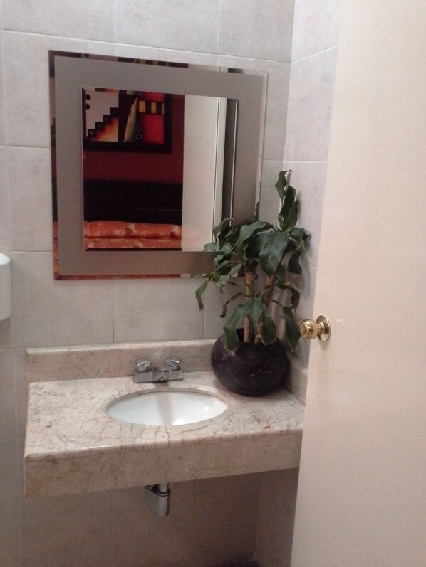 A bathroom with a marble sink, a potted plant, and a mirror reflecting a staircase.