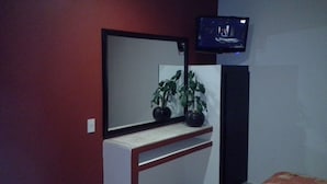 Una habitación con televisión montada en la pared, un pequeño escritorio con espejo y dos plantas en macetas.