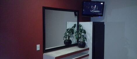A room with a TV mounted on the wall, a small desk with a mirror, and two potted plants.