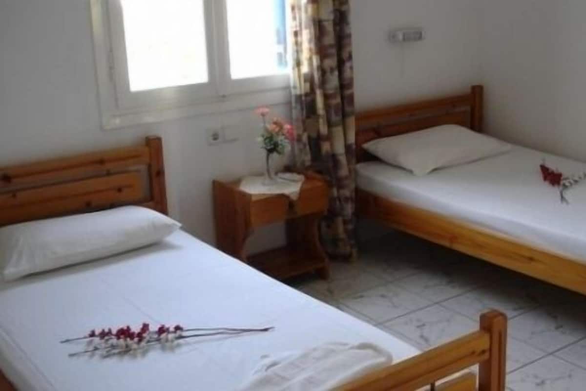 Dos camas individuales con estructura de madera y ropa de cama blanca, una mesita de noche con un florero, y una ventana con cortinas.