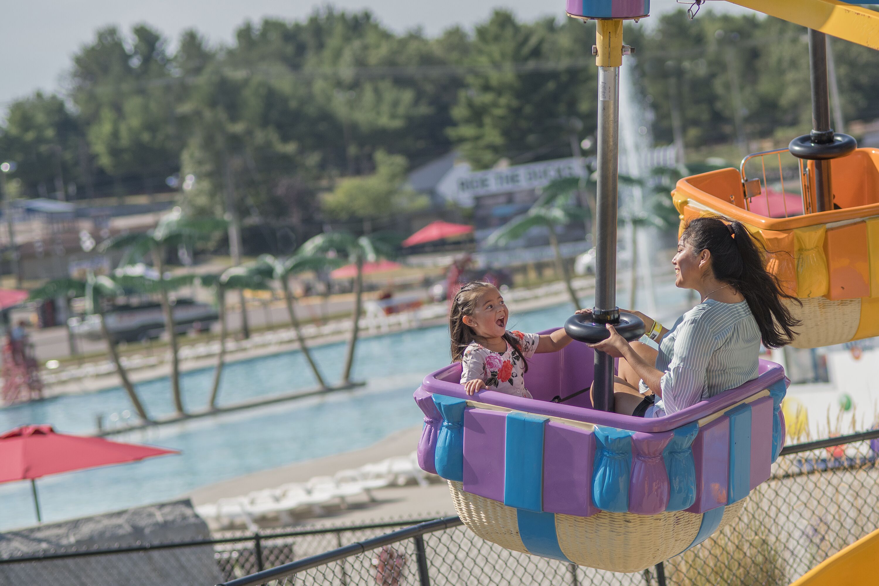 A water ride with a purple and yellow boat, a pool, and a fence in the background.