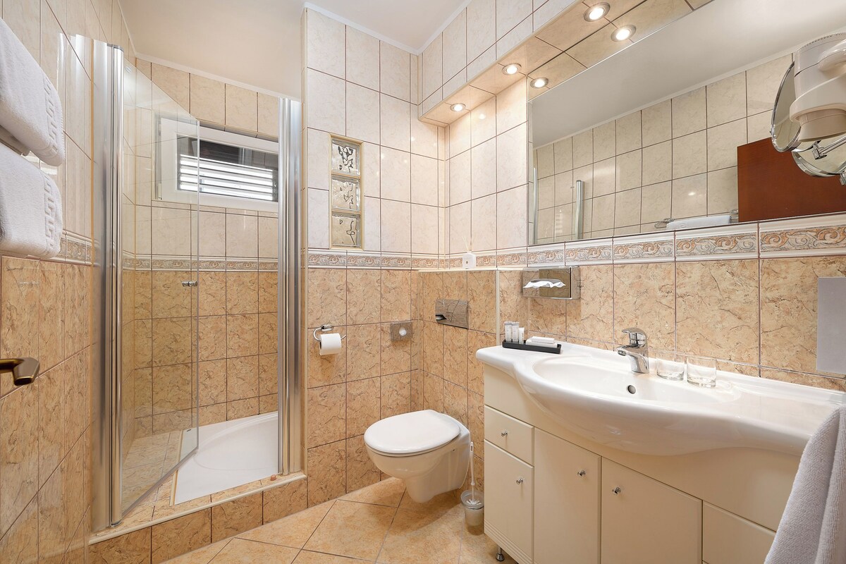 A bathroom with a glass shower enclosure, a toilet, a sink, and a mirror.