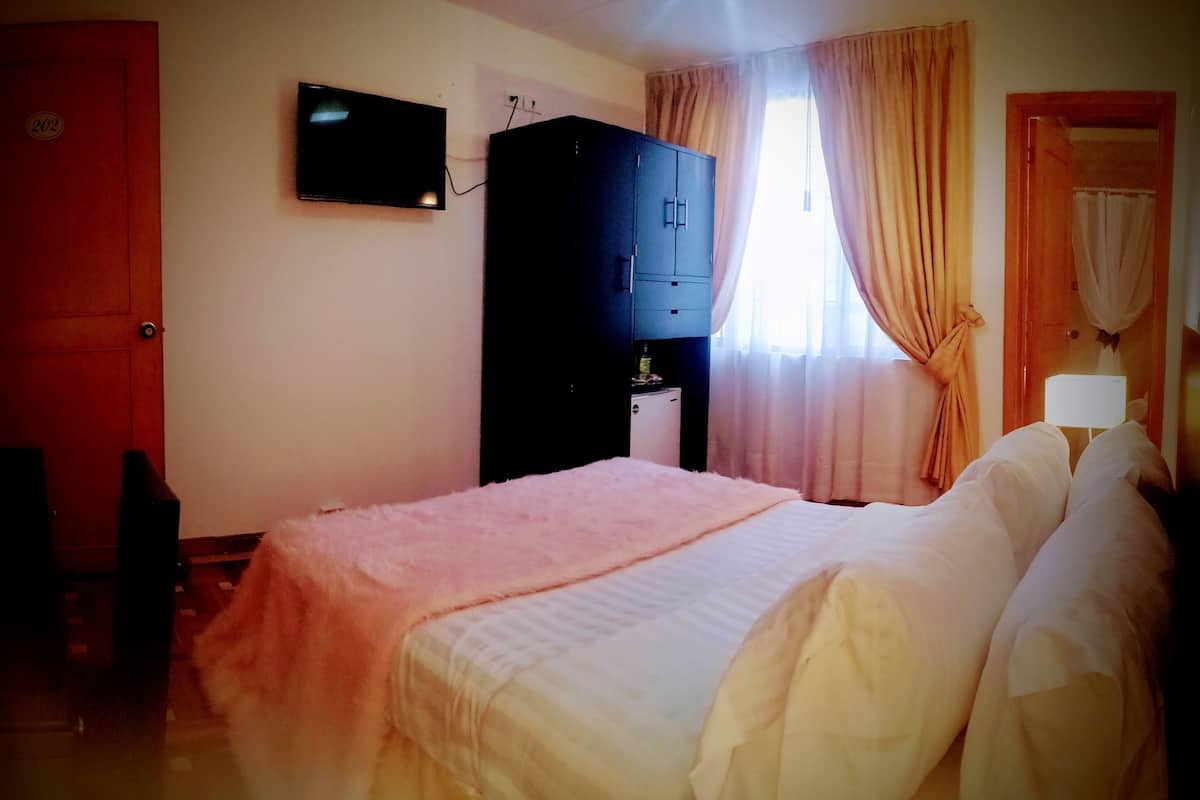 A bedroom with a bed, a wardrobe, a television on the wall, and a window with curtains.