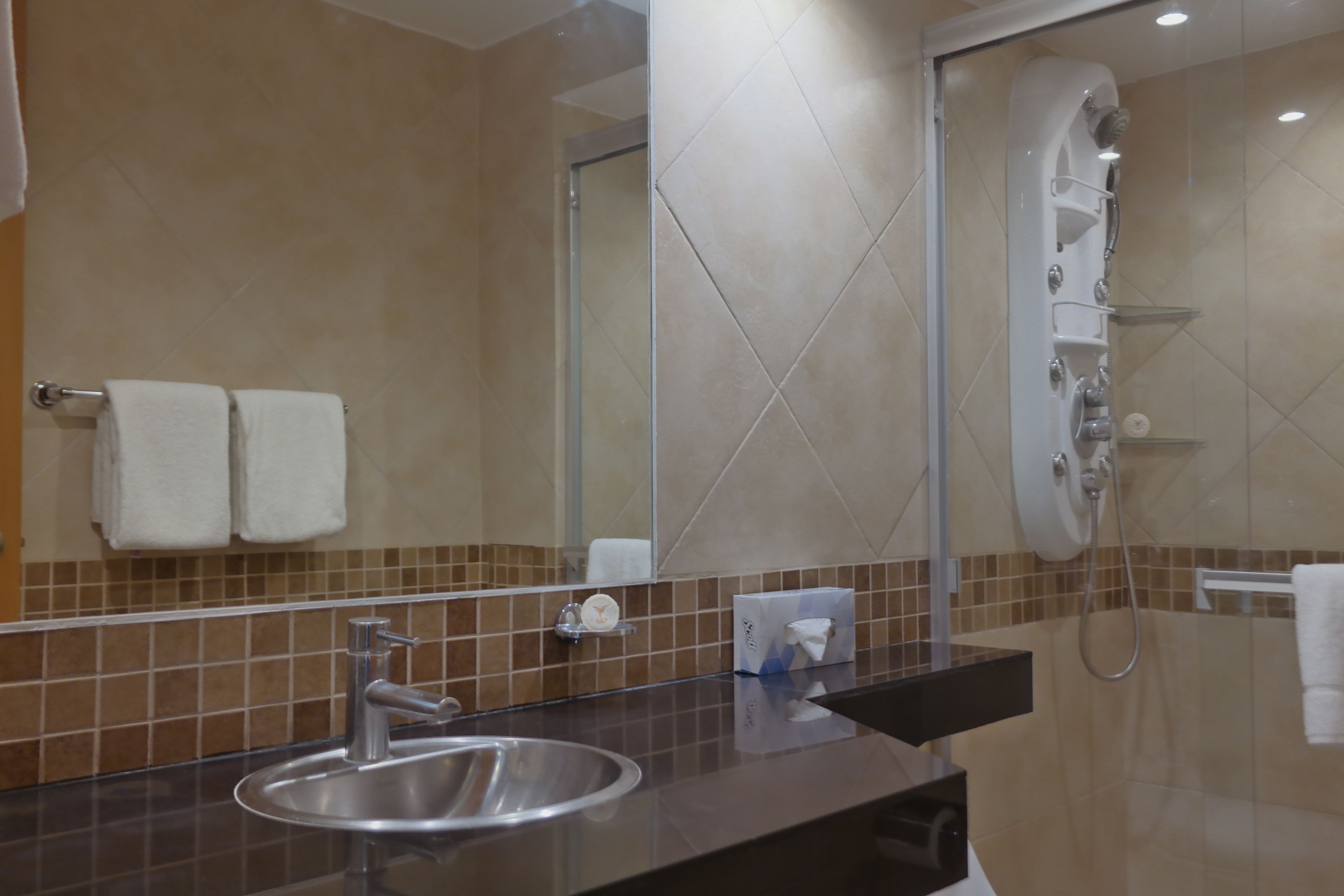 Un baño moderno con lavamanos, espejo y ducha.