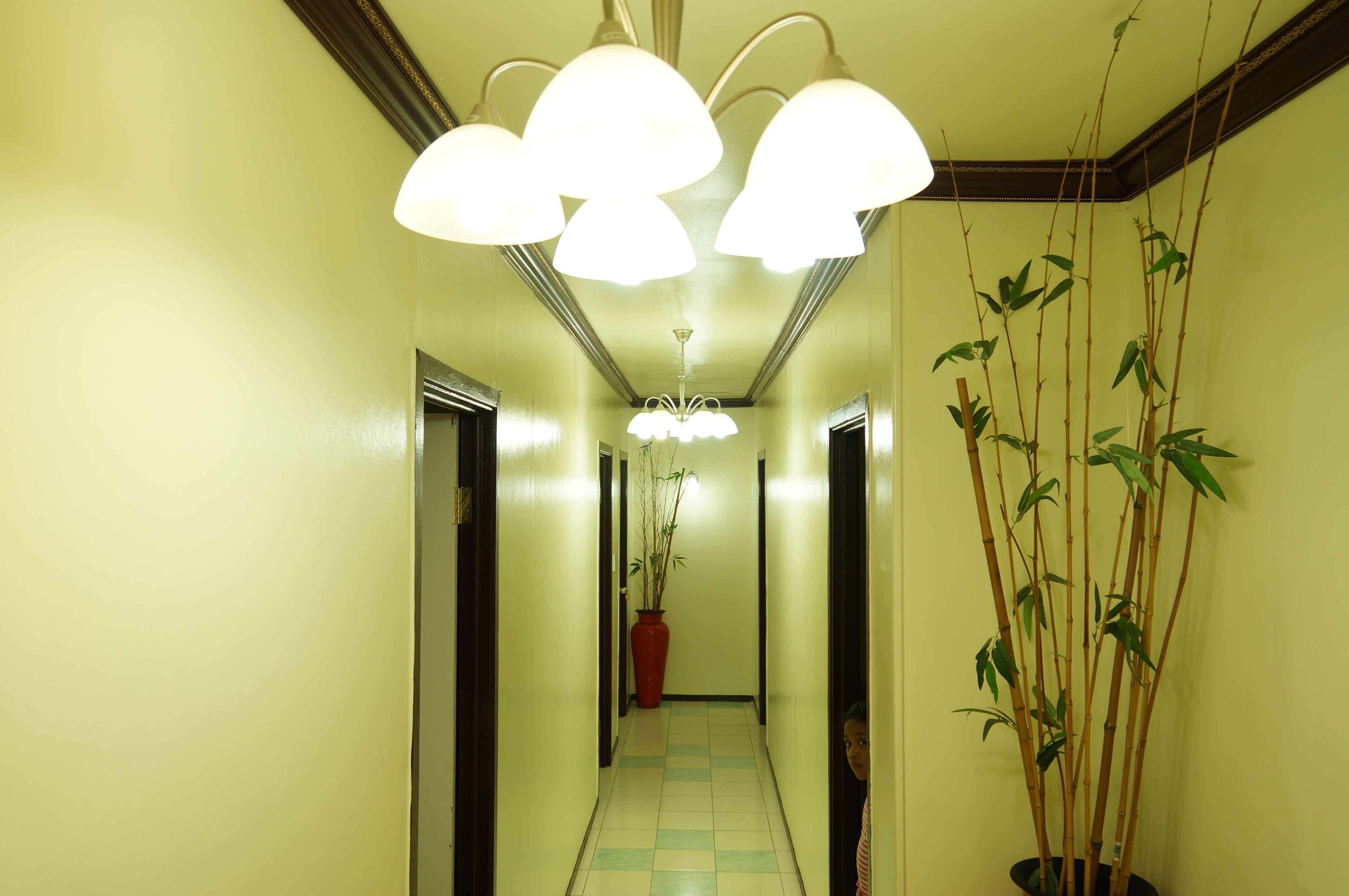 A hotel hallway with a checkered floor, a red vase with a plant, and a bamboo plant on the right.