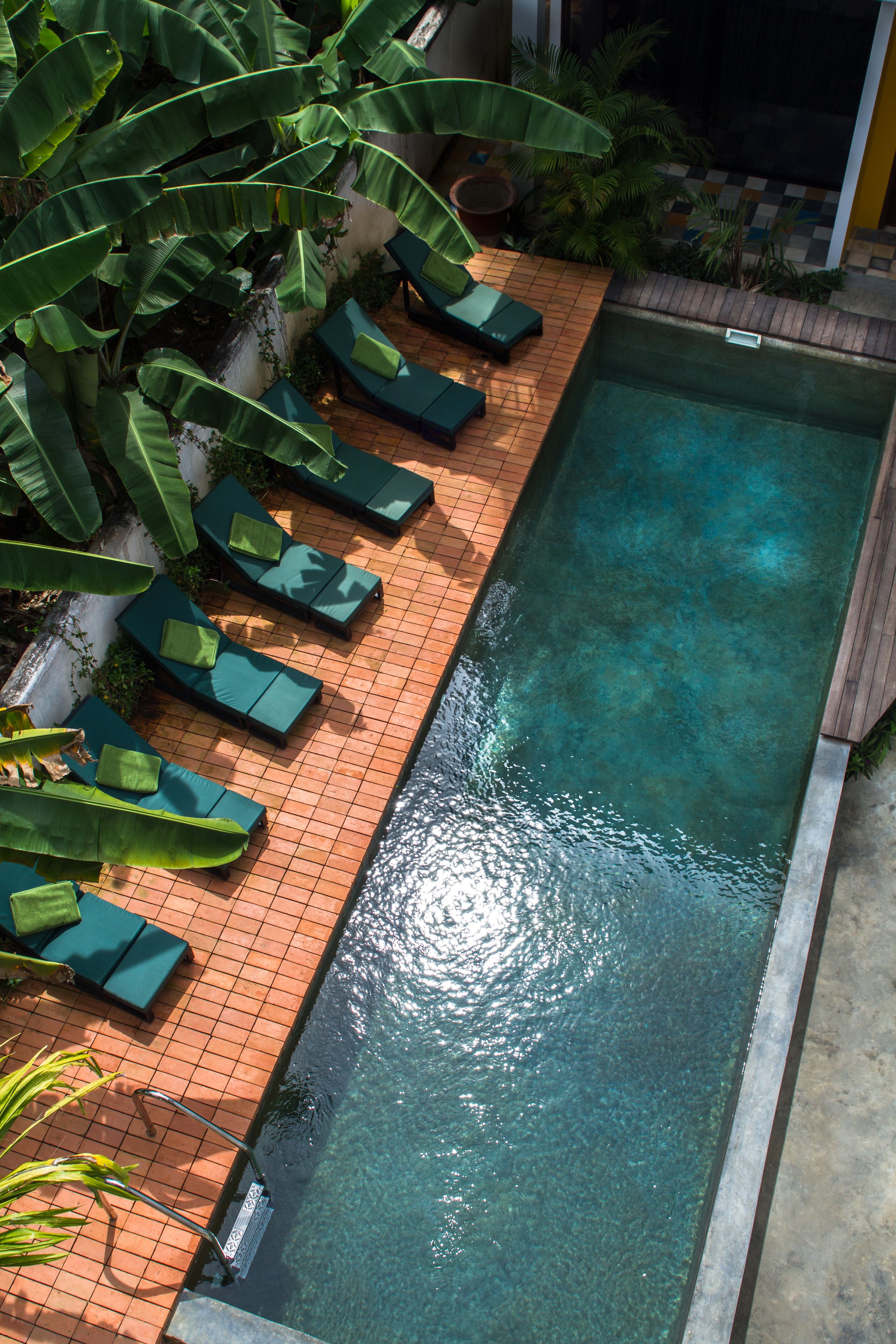 outdoor pool, pool loungers